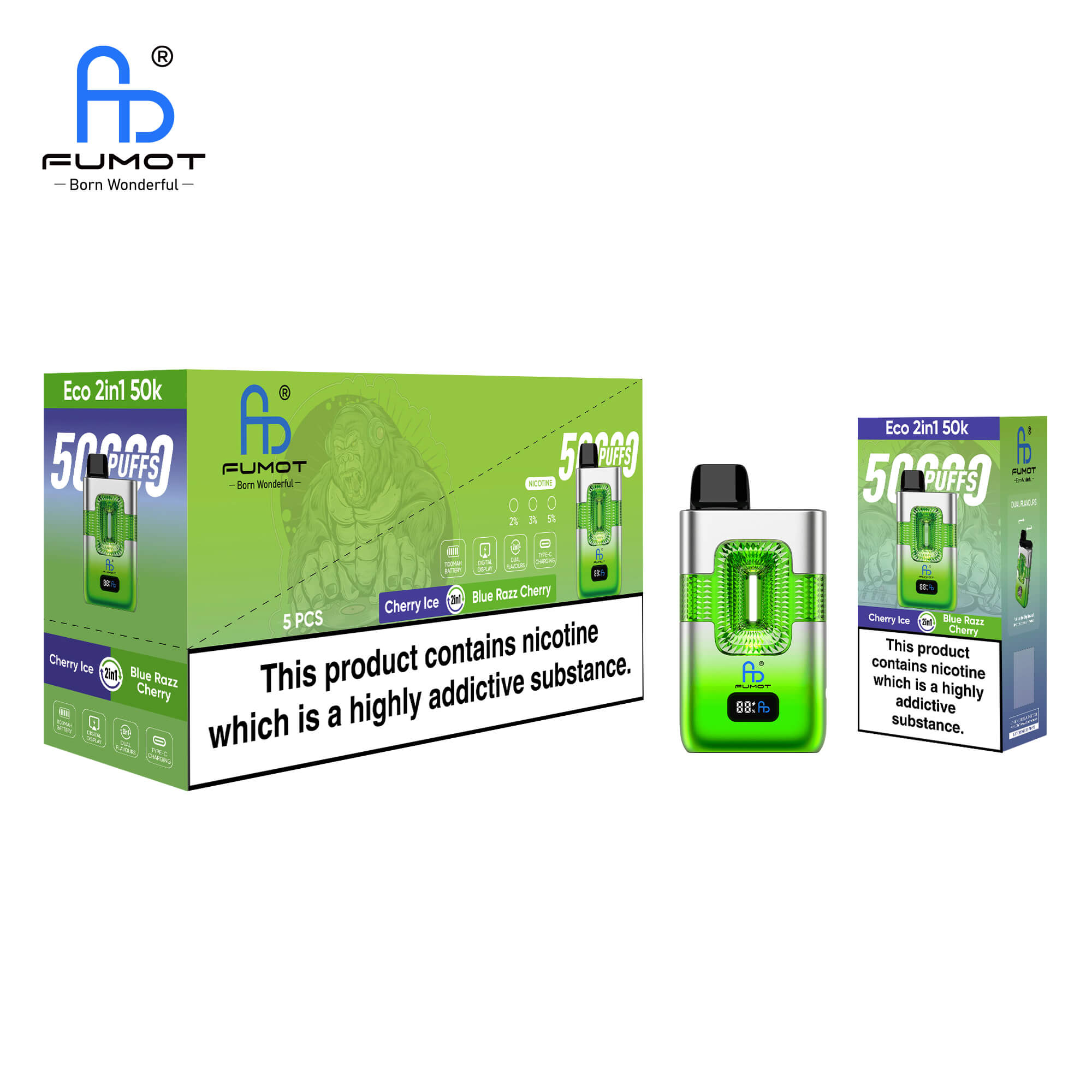 Fumot Eco 2-in-1 50K Puffs Prefilled Pod Kit – Cherry Ice & Blue Razz Cherry (24ml) – Bild 2