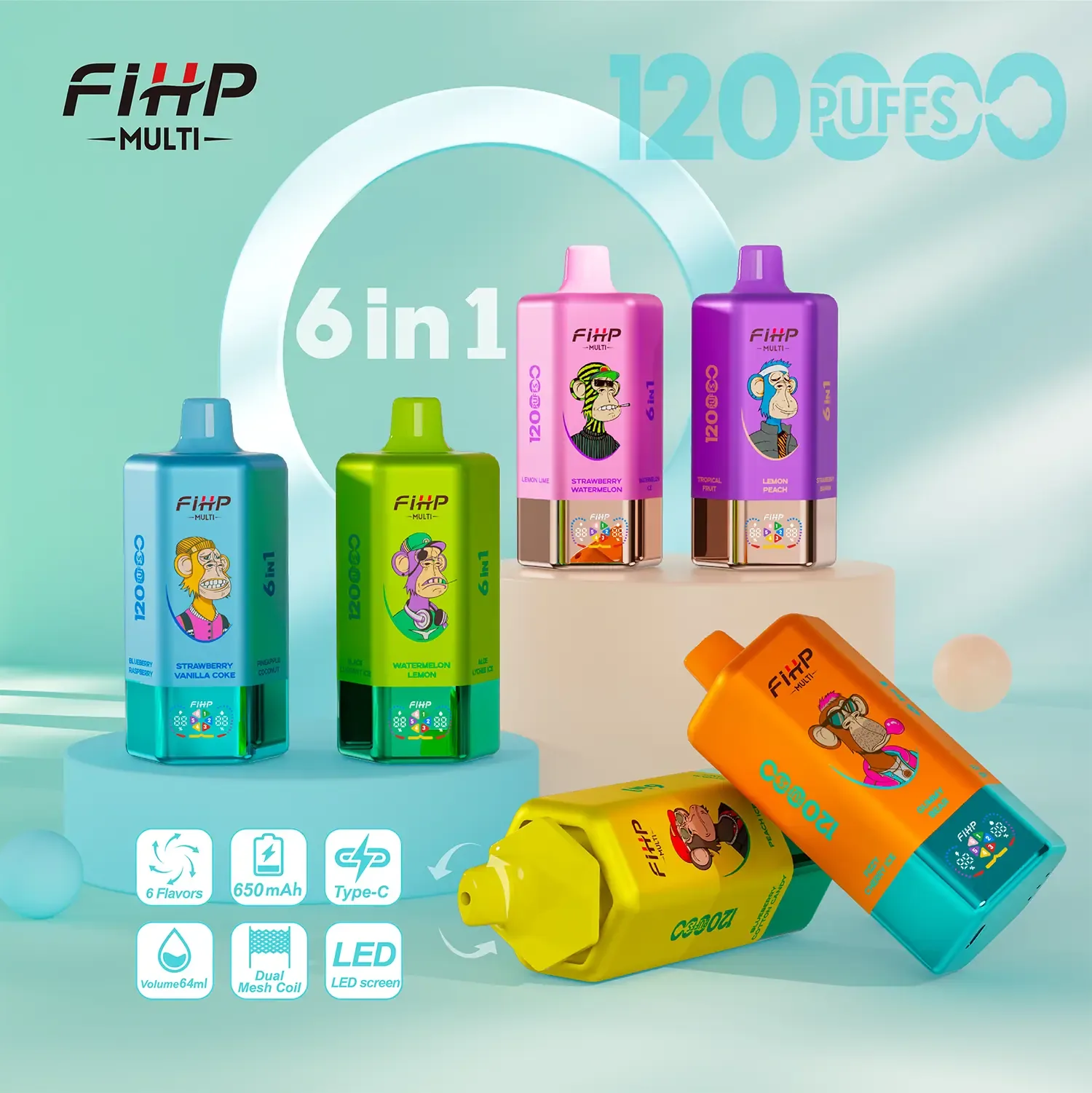 FIHP MULTI 120K bouffées, 6 saveurs en 1, vapoteuse jetable rechargeable à LED – présentation du produit