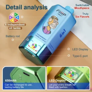 FIHP MULTI 120K bouffées, 6 saveurs en 1, vapoteuse jetable rechargeable à LED – présentation du produit