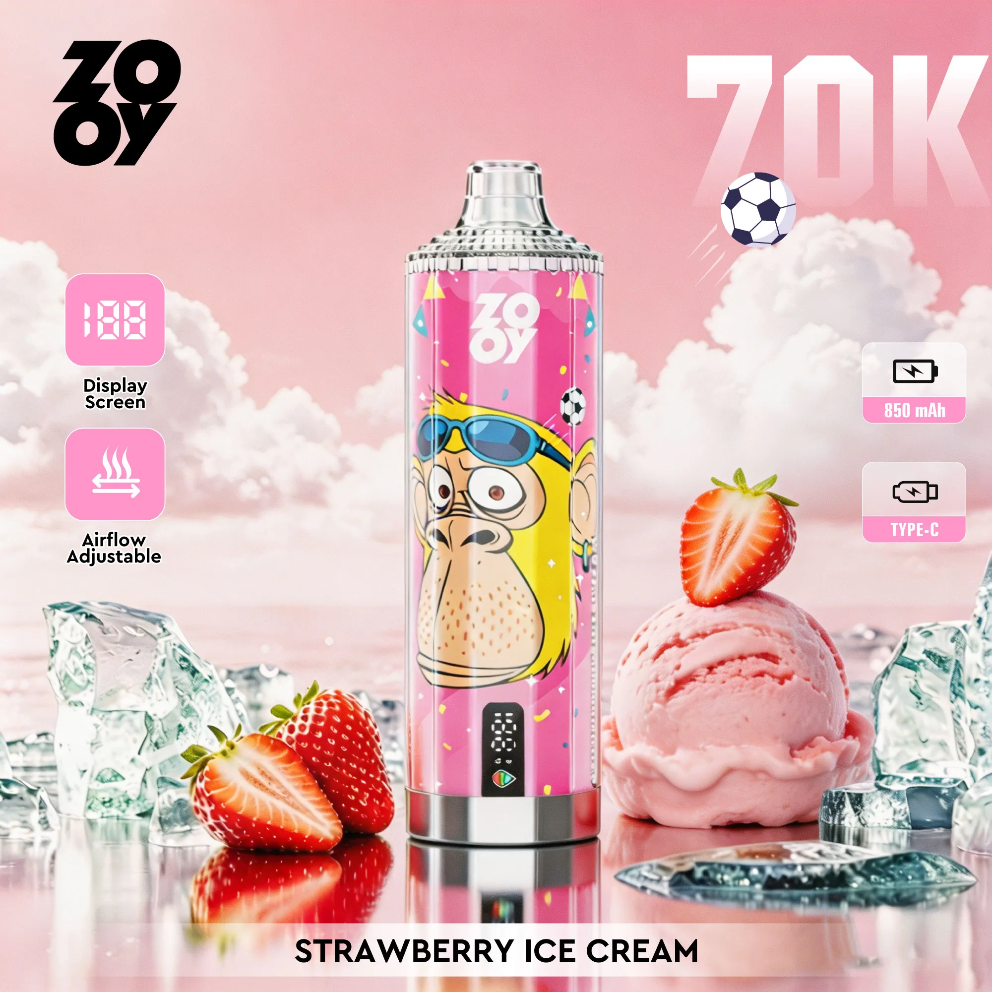 Vape jetable ZOOY Crystal 70 000 bouffées - Glace à la fraise