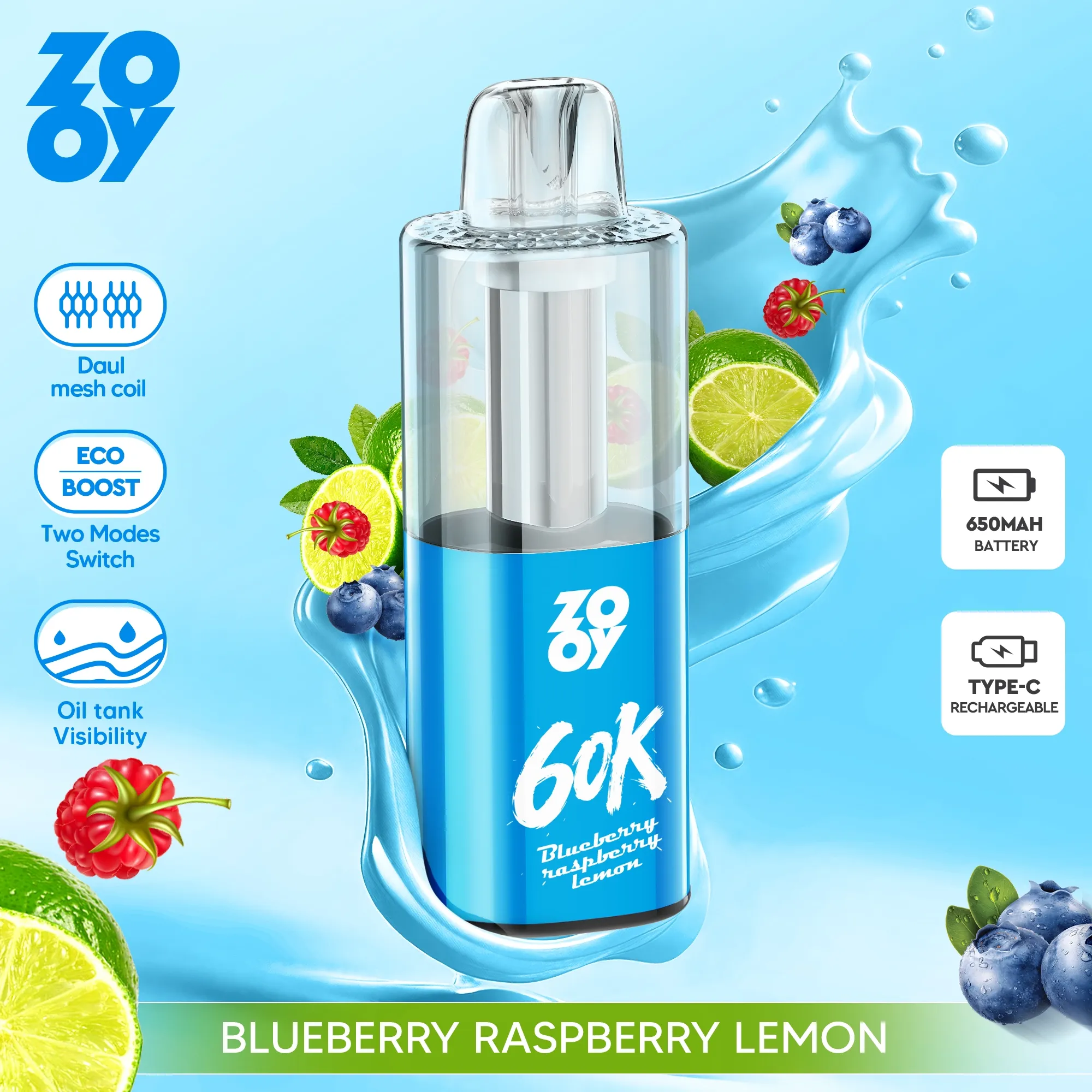 ZOOY FIZZ 60,000 Puffs Disposable Vape - Blueberry Raspberry Lemon