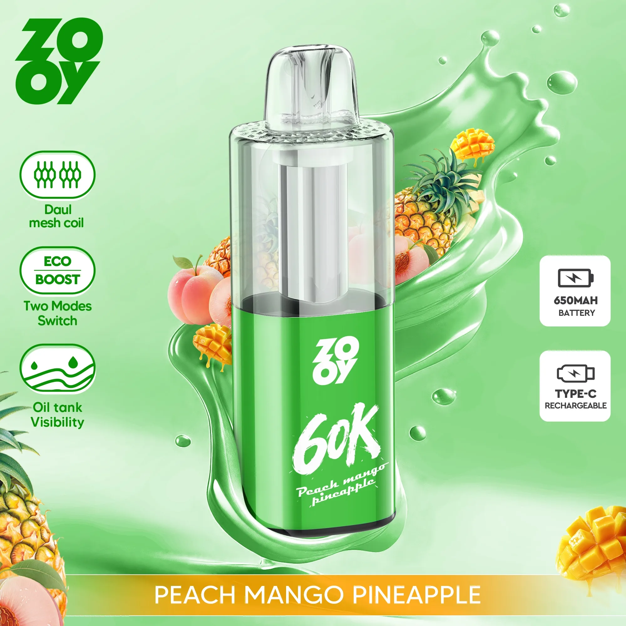 ZOOY FIZZ 60,000 Puffs Disposable Vape - Peach, Mango, Pineapple